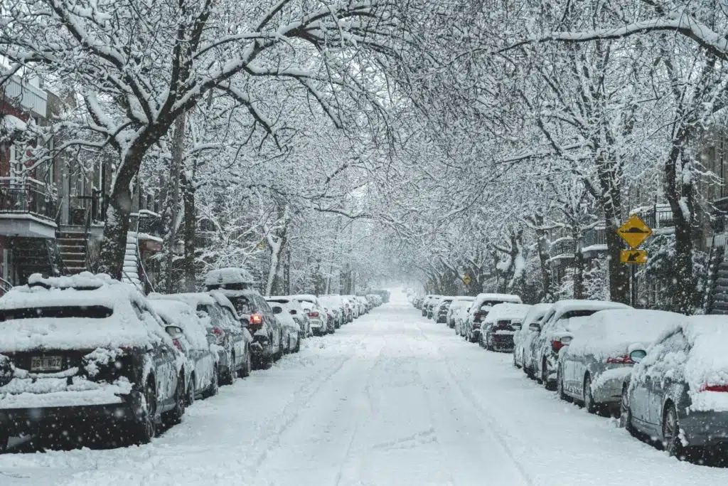 Ville Canada Montréal hiver – Rue enneigée de Montréal bordée de voitures et d’arbres recouverts de neige en plein hiver.